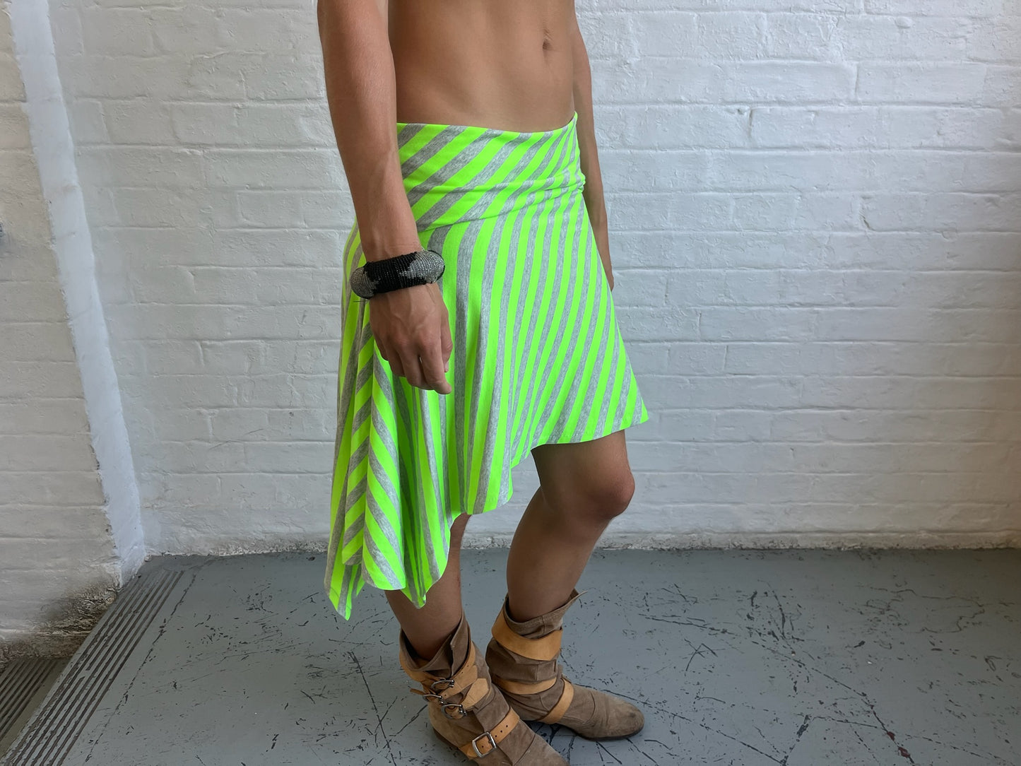 Green And Grey Stripe Asymmetrical Skirt