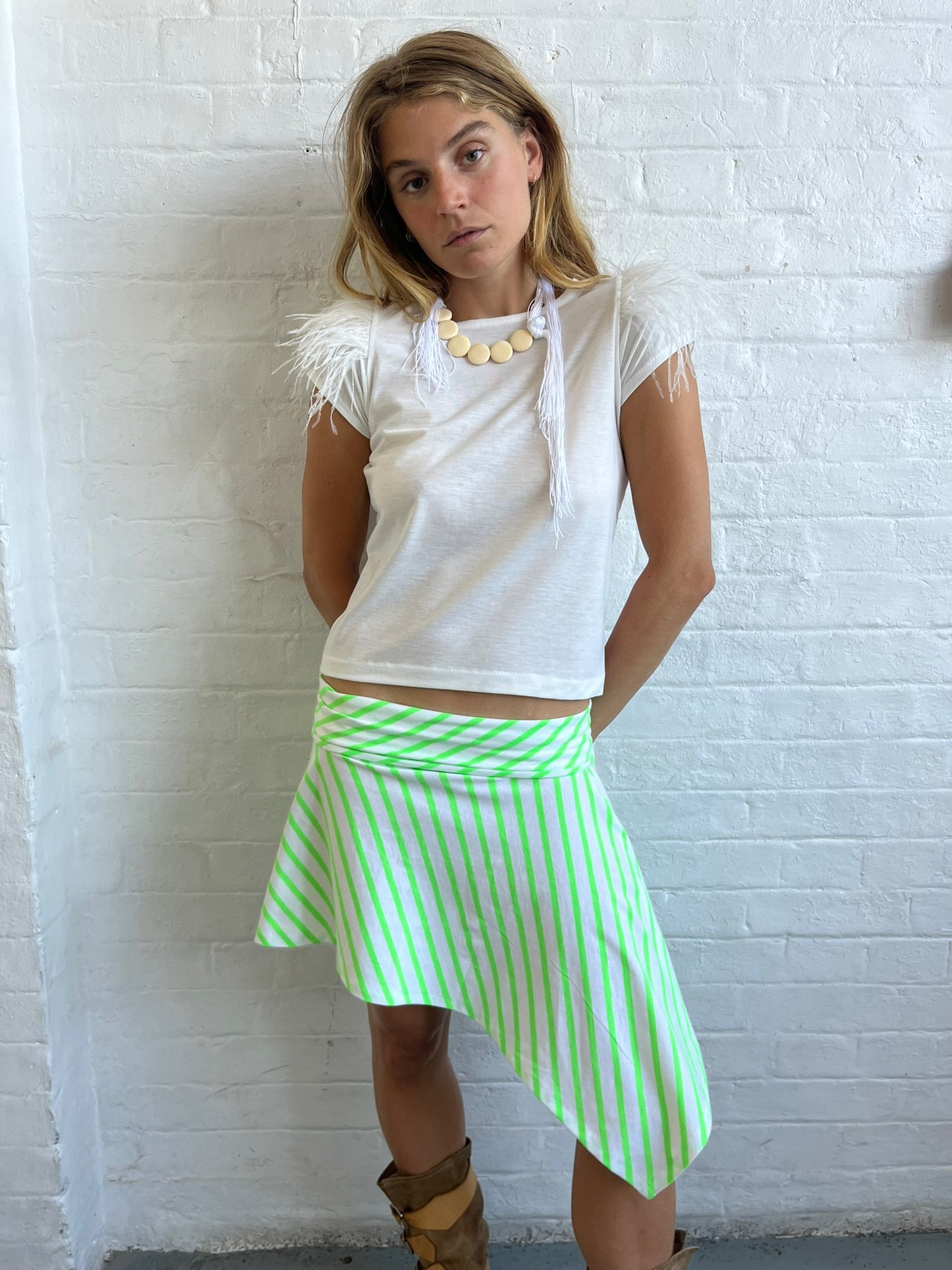Green and White Stripe Asymmetrical Skirt