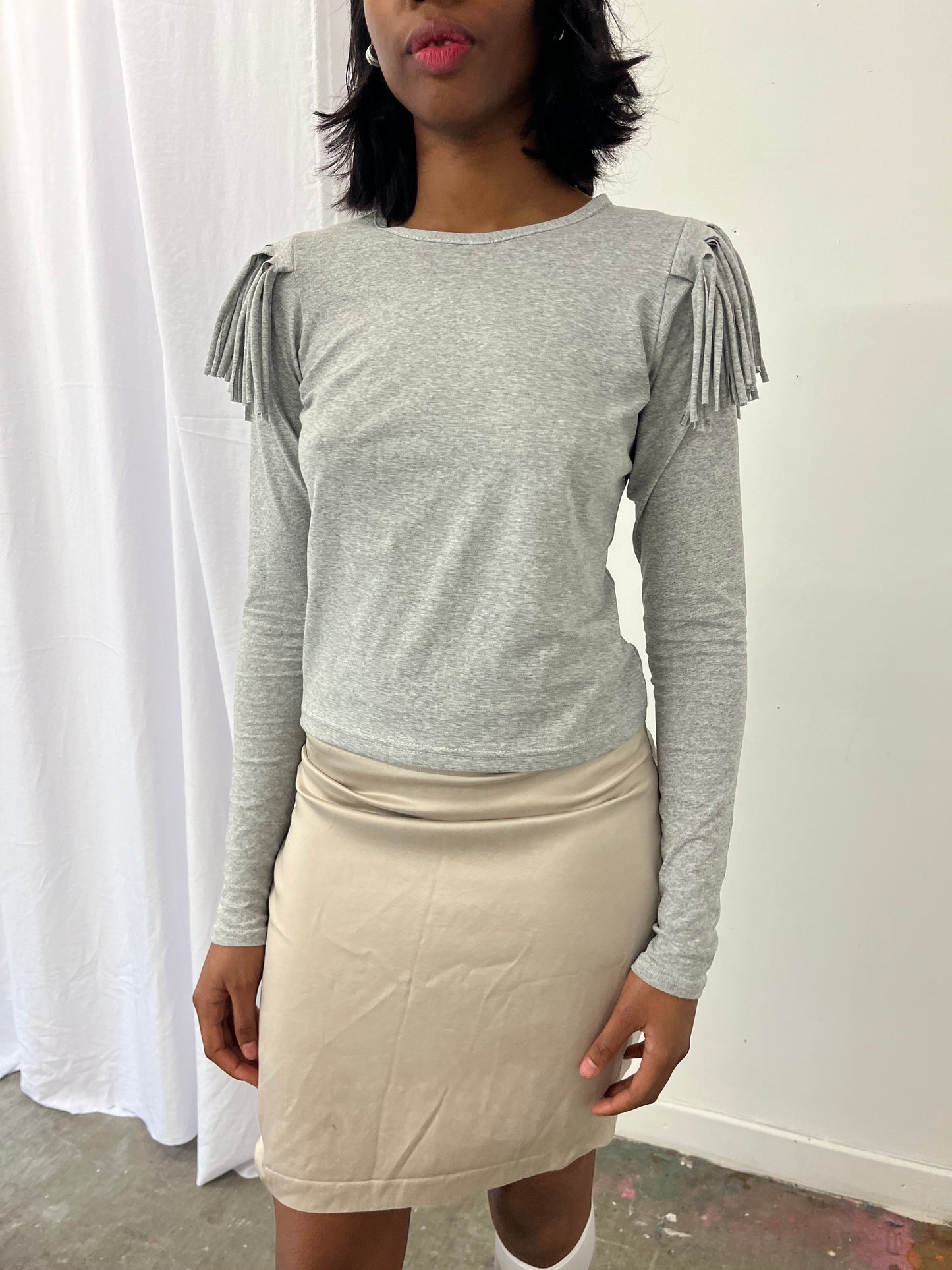 Grey Melange Fringe Long Sleeve