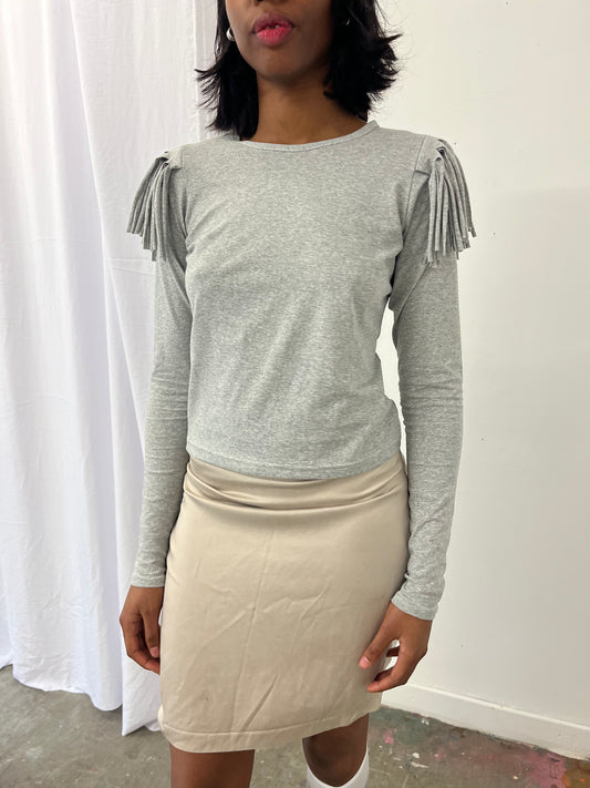 Grey Melange Fringe Long Sleeve
