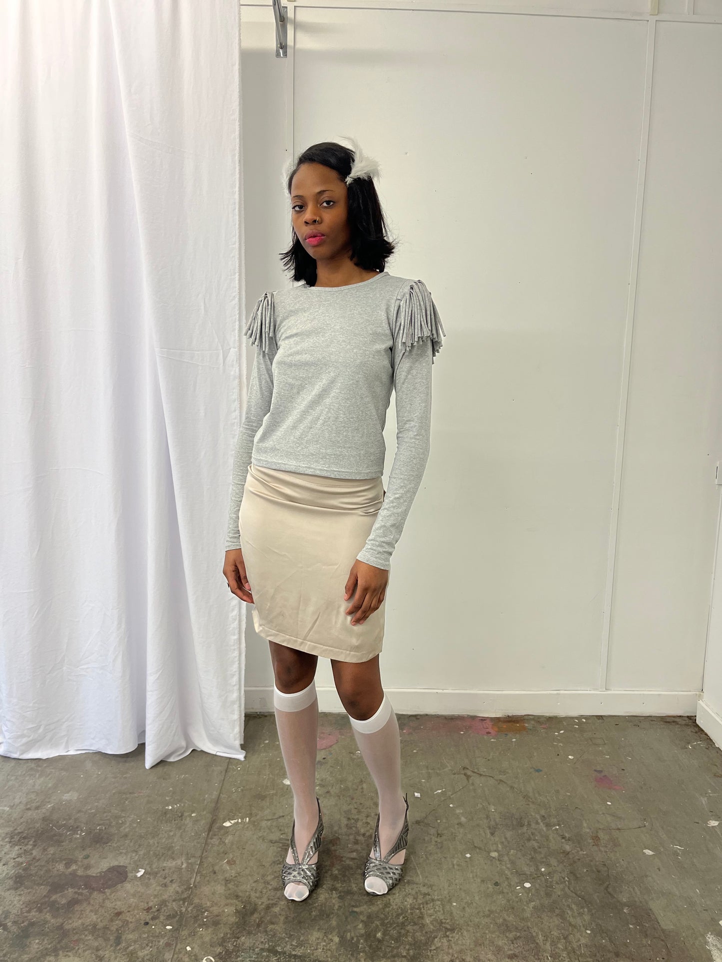 Grey Melange Fringe Long Sleeve