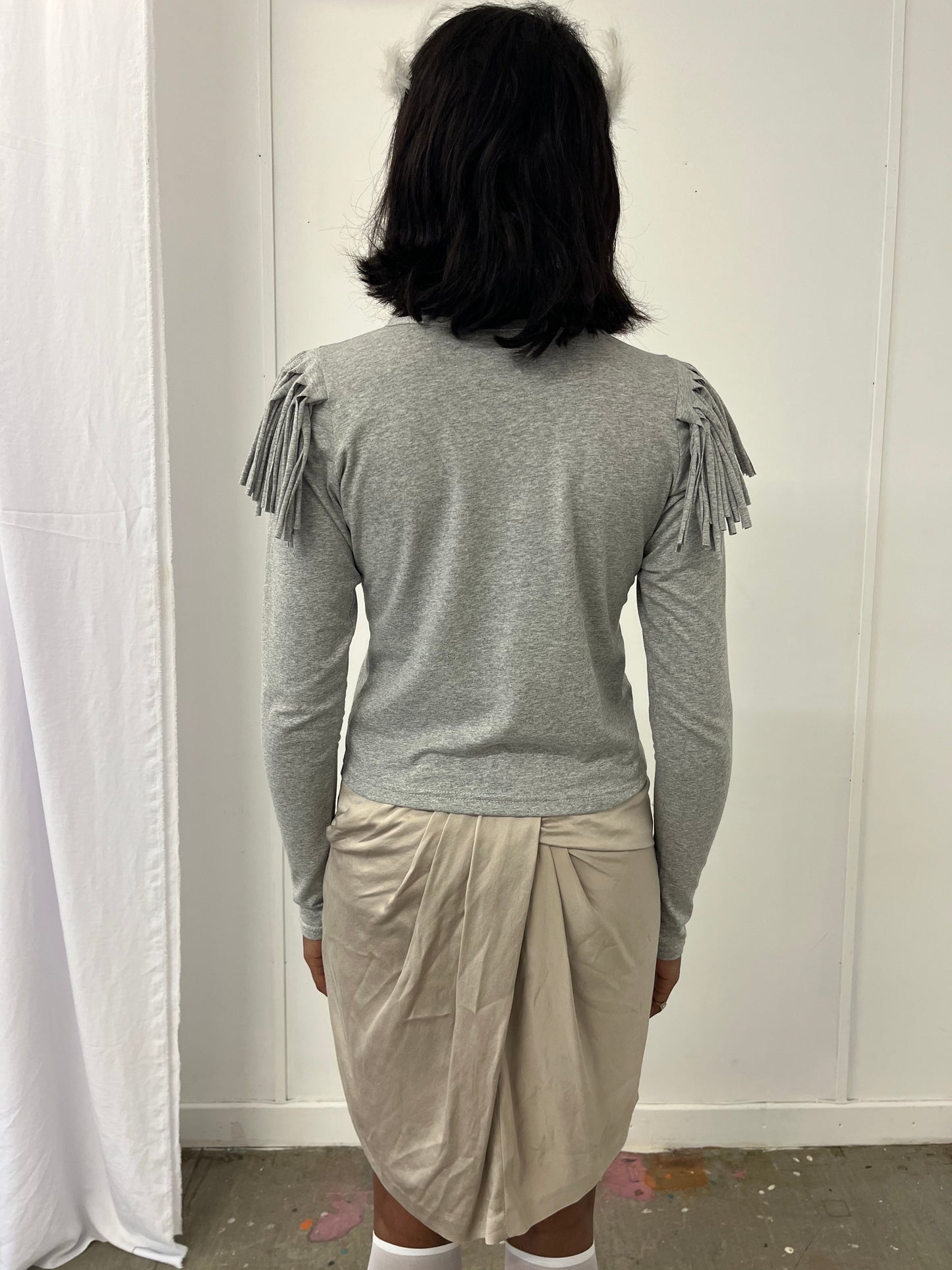 Grey Melange Fringe Long Sleeve